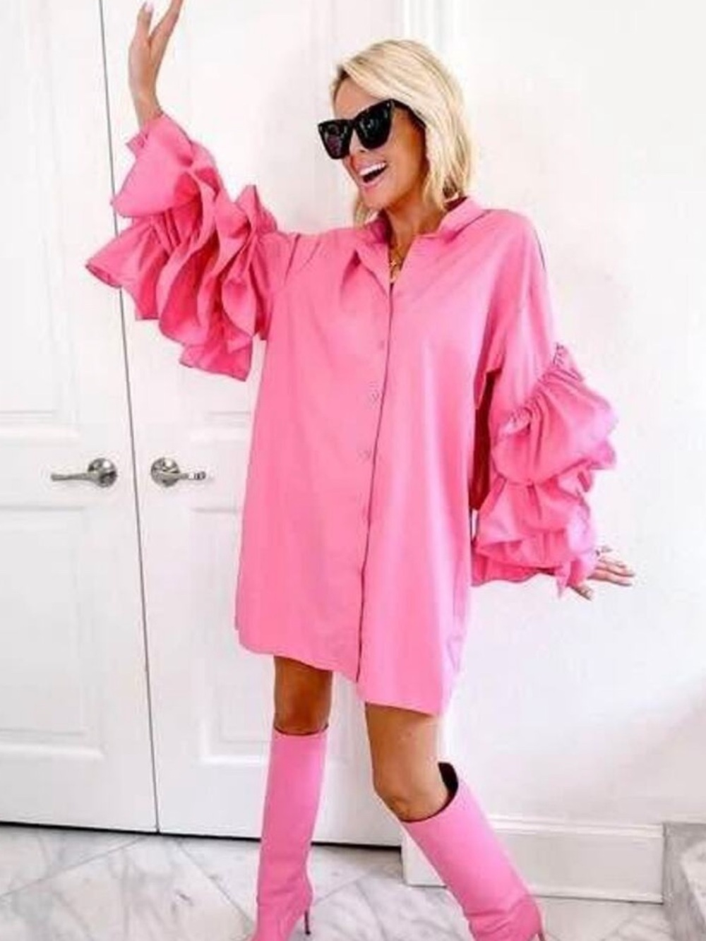NWT Beulah Women’s Mini Shirt Dress Ruffle Sleeve Hot Pink size Small/Medium